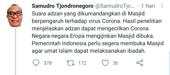 CEK FAKTA Suara Adzan Bisa Kecilkan Covid-19, Terbukti Negara Eropa Buka Masjid. (Twitter/@SamudroTjondr11)