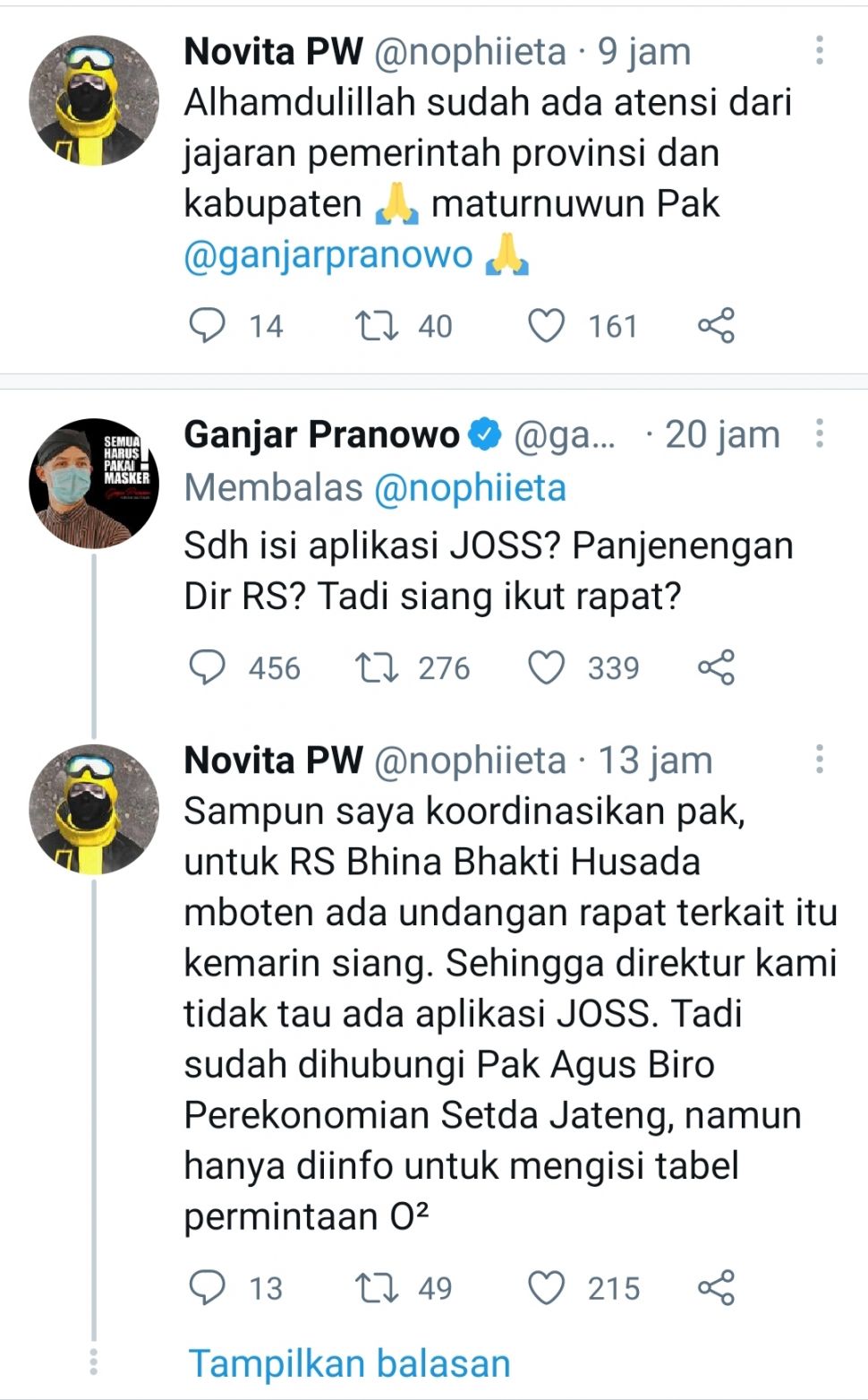 Cuitan warganet meminta bantuan oksigen ke Gubernur Ganjar Pranowo. [Twitter]