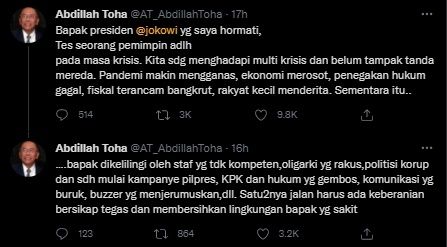 Abdillah Toha Kritik Tajam Kepemimpinan Presiden Jokowi. (Twitter/@AT_AbdillahToha)