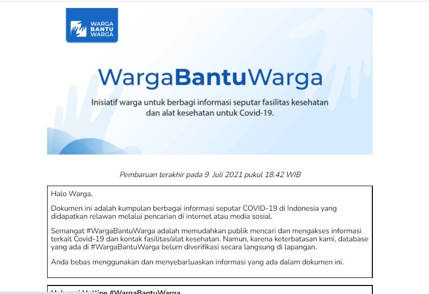 Situs wargabantuwarga.com, sebuah wadah yang memberikan info alkes dan faskes di masa pandemi. (tangkapan layar/gerakan wargabantuwarga).