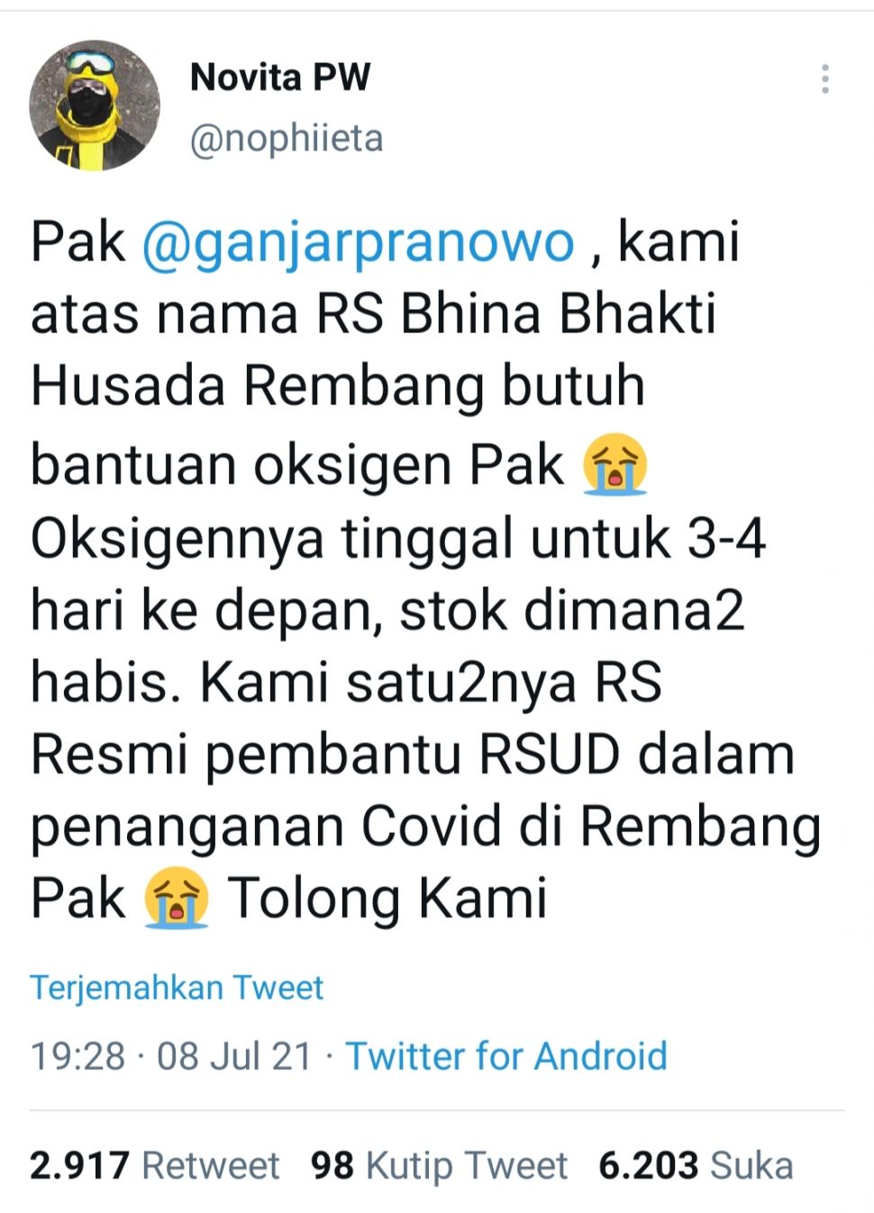 Cuitan warganet meminta bantuan oksigen ke Gubernur Ganjar Pranowo. [Twitter]