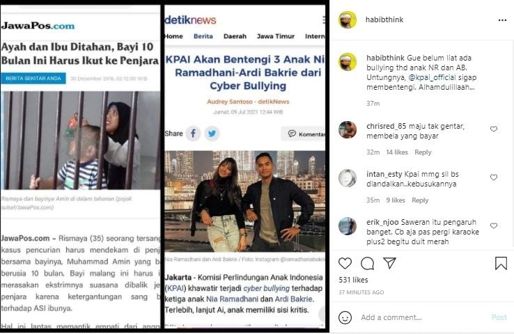 Adu Nasib Anak Ramadhani vs bayi 10 Bulan Yang Ikut Dipenjara. (Instagram/@habibthink)