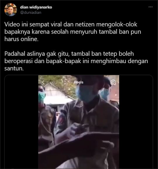 Fakta video viral satpol PP minta tambal ban dilayani online. (Twitter/@duniadian)