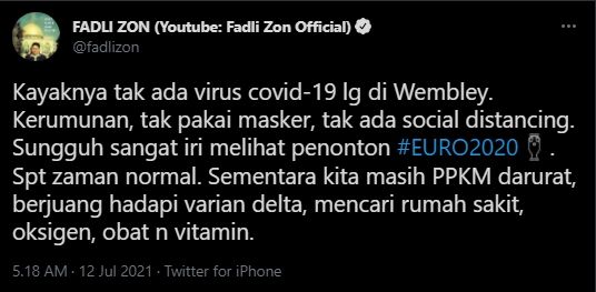 Fadli Zon iri dengan penonton final Euro 2020. (Twitter/FadliZon)