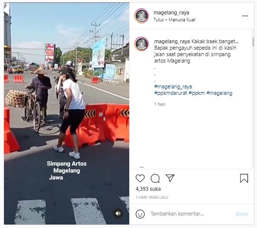 Jalan Ditutup Dampak Penyekatan, Perlakuan Wanita ke Bapak Pengayuh Sepeda Ini Jadi Sorotan (Instagram/magelang_raya).