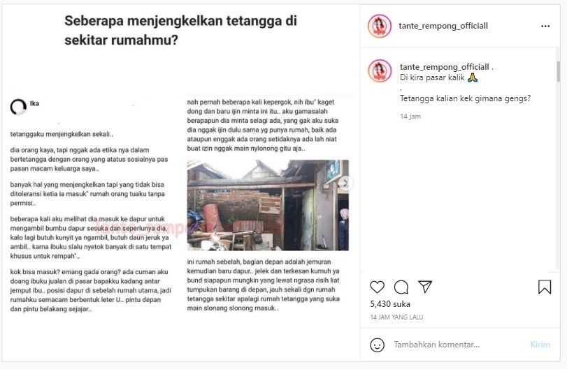 Curhat tetangga suka nyelonong masuk dapur ambil bumbu masak (Instagram).