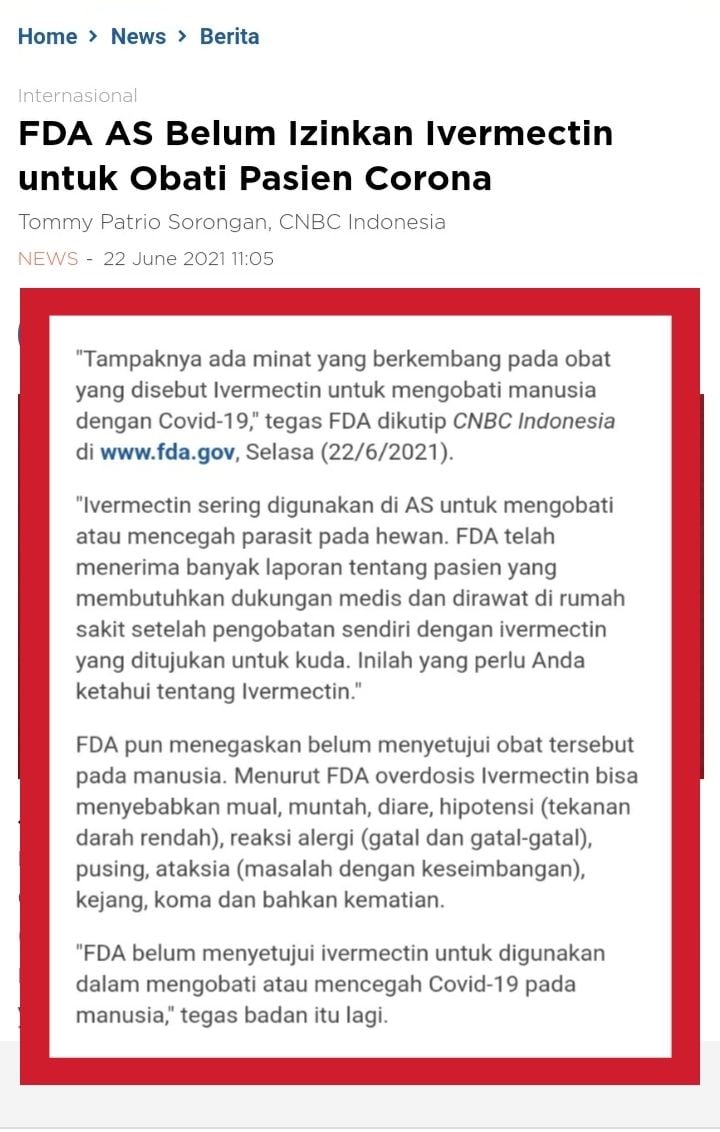 Benarkah FDA Amerika Sebut Invermectin Dapat Sembuhkan Covid-19 (Turnbackhoax.id)