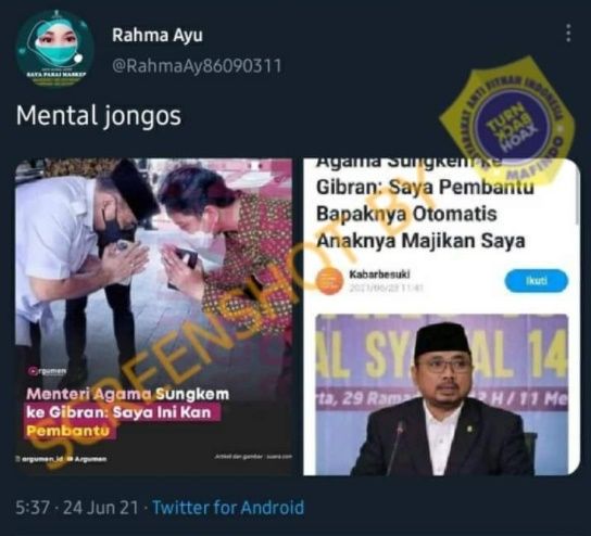 CEK FAKTA Menteri Agama Sungkem ke Gibran Karena Anggap Diri Pembantu Presiden. (Turnbackhoax.id)