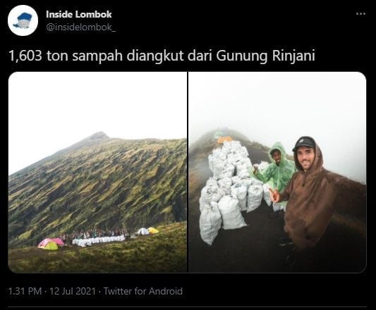 Aksi bule asal Prancis angkut sampah sebanyak 1,6 ton di Gunung Rinjani. (Twitter/insidelombok_)