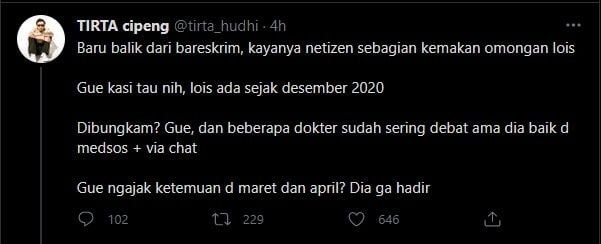 Cuitan dokter Tirta (Twitter)