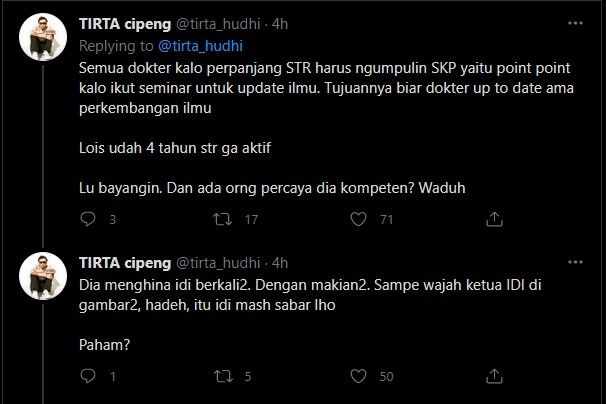 Cuitan dokter Tirta (Twitter)