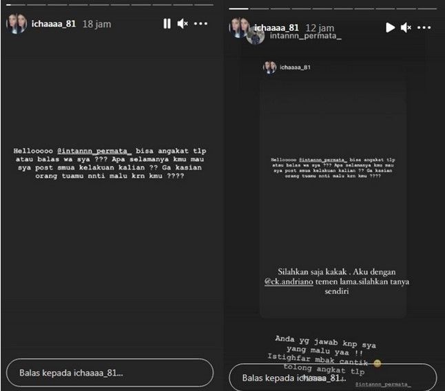 Istri Choky Andriano, Icha mengungkap kabar perselingkuhan sang suami dengan perempuan bernama Intan Permata, [Instagram Story]
