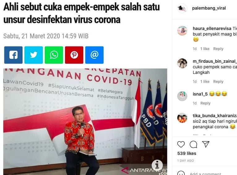 Unggahan cuka pempek bisa dijadikan desifektan [instagram]