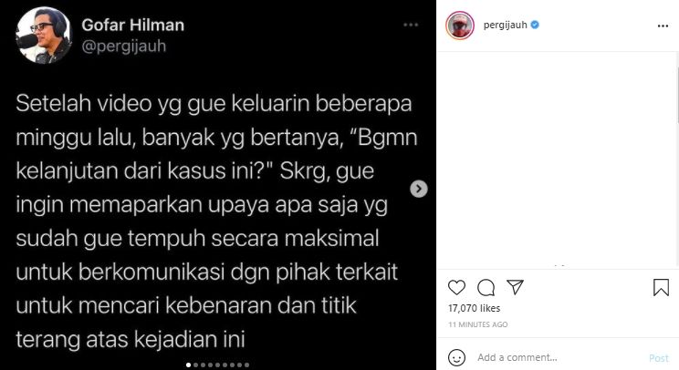 Postingan Gofar Hilman (Instagram.com)