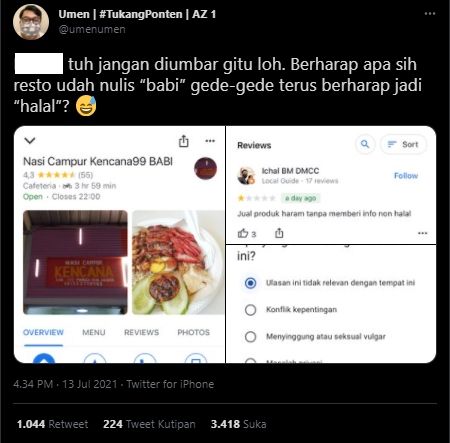 Duh! Restoran Sudah Pasang Jual Menu Daging Babi, Masih Disalahin Gegara Hal Ini. (Twitter/@umenmen)