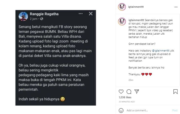 Viral Cerita Pegawai BUMN Asyik WFH di Bali. (Instagram/@igtainmenttt)