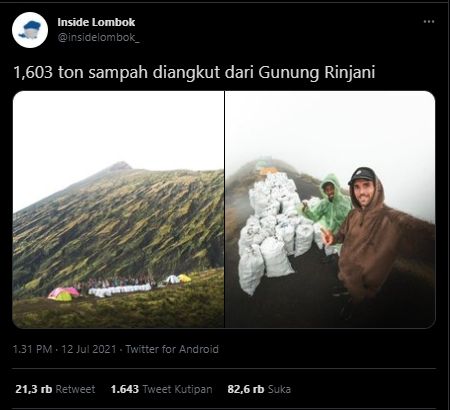 Viral Penampakan 1.603 Ton Sampah Diangkut dari Gunung Rinjani, Publik: Banyak yang Ngeyel. (Twitter/@insidelombok_