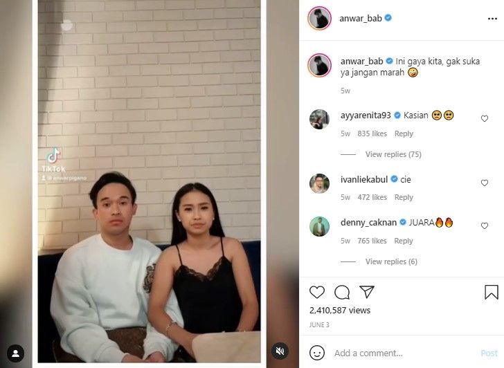 Pengakuan Anwar Sanjaya soal asmaranya dengan Ayya Renita. (Instagram/anwar_bab)