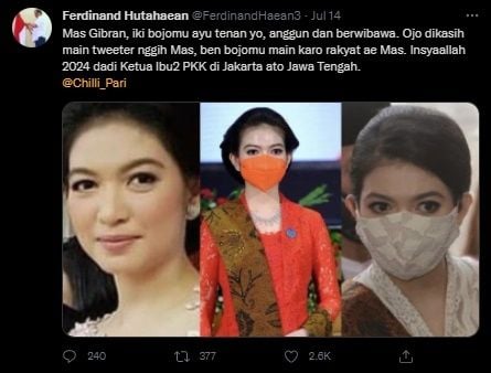 Ferdinand Hutahaean Puji Kecantikan Istri Walkot Solo. (Twitter/@FerdinandHaean3)