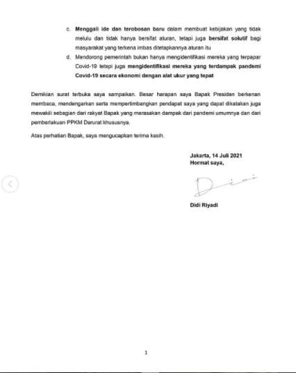 Surat terbuka Diri Riyadi (Instagram)