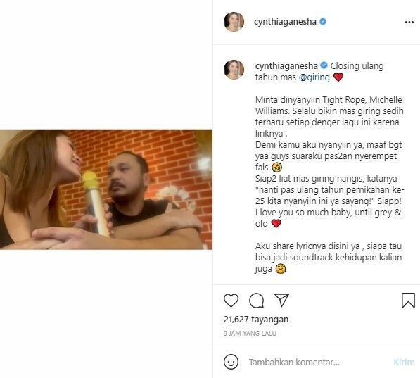 Cynthia Riza bernyanyi untuk Giring (Instagram)