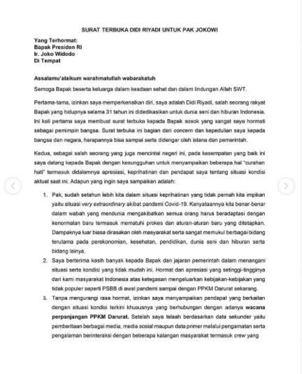 Surat terbuka Diri Riyadi (Instagram)