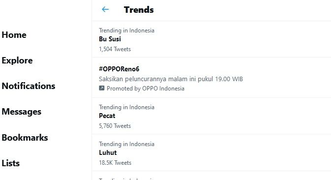 Bu Susi menduduki puncak daftar trending topic Twitter Indonesia pada Kamis malam (15/7/2021) setelah Susi Pudjiastuti menyindir Menteri Koordinator Bidang Kemaritiman dan Investasi Luhut Binsar Pandjaitan. [Twitter/Suara.com]