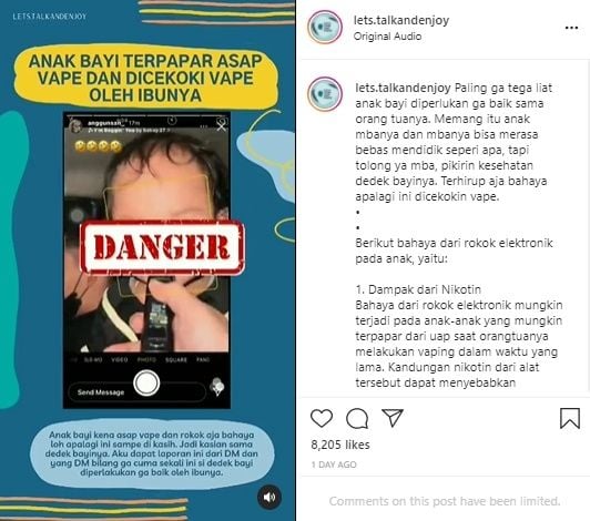 Viral Bayi Dicekoki Vape oleh Ibunya Berkali-kali. (Instagram/@lets.talkandenjoy)