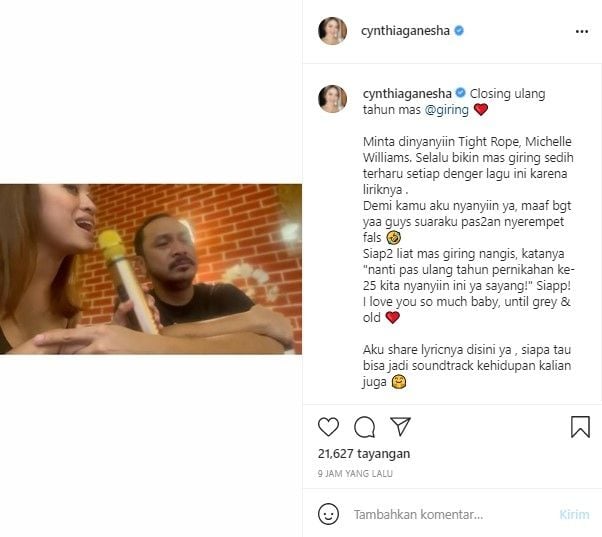 Cynthia Riza bernyanyi untuk Giring (Instagram)