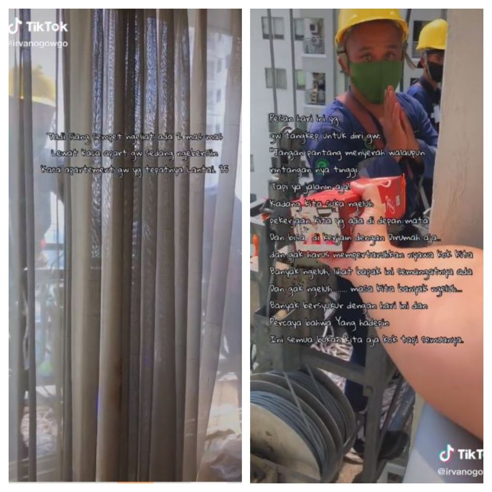 Berbagi pada pekerja pembersih kaca apartemen (TikTok @irvanogowgo)