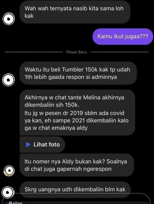 Seorang warganet yang merasa tertipu saat membeli tumblr ke manajemen Aldy Maldini. [Twitter]