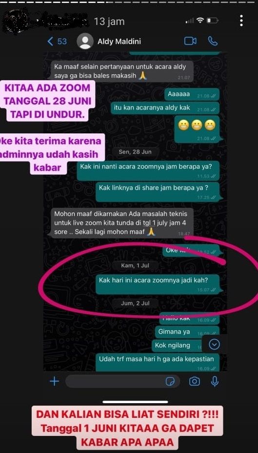 Seorang penggemar menanyakan jadwal Zoom meeting kepada admin Aldy Maldini. [Twitter]