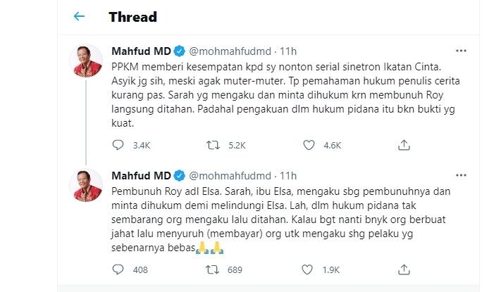 Kicauan Menkopolhukam Mahfud MD di Twitter soal Sinetron Ikatan Cinta [SuaraSulsel.id / Twitter Mahfud MD]