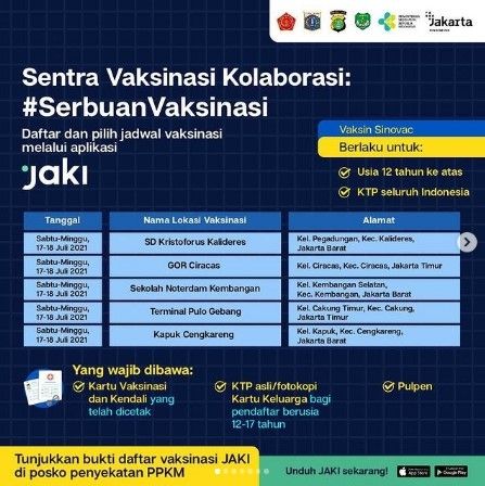 Pemprov DKI Jakarta buka vaksinasi COVID-19 massal di 5 lokasi, Sabtu dan Minggu 17-18 Juni 2021. (@jsdab)
