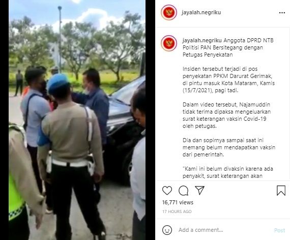 Anggota DPRD dari Fraksi PAN Viral Cekcok dengan Petugas PPKM di NTB. (Instagram/@jayalah.negriku)