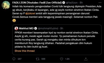 Fadli Zon Kritik Mahfud MD Asyik Nonton Ikatan Cinta Saat PPKM. (Twitter/@fadlizon)