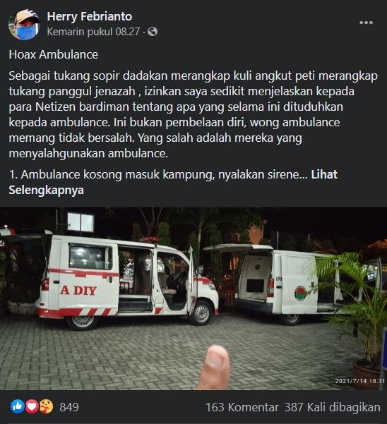 Ramai isu ambulans kosong, begini kata sopirnya. (Facebook)