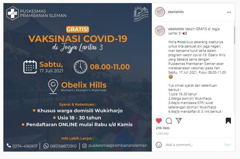 Vaksin di Obelix Hills (Instagram @obelixhills)