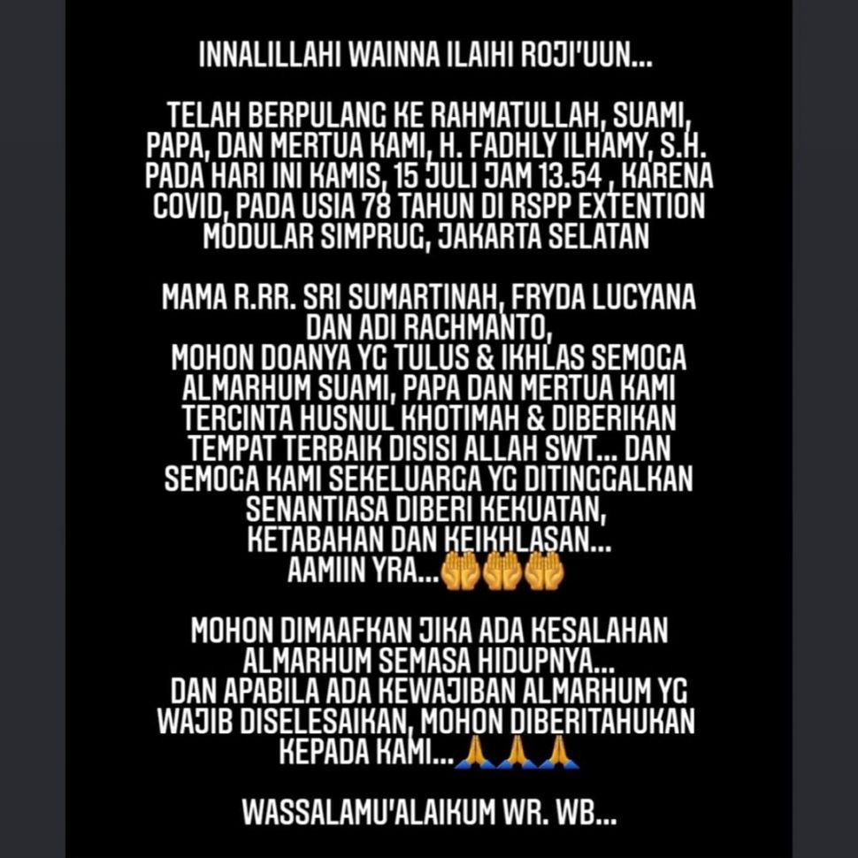 Fryda Lucyana mengabarkan kalau ayahnya meninggal karena Covid-19. Fryda sendiri ikut terinveksi virus corona. [Instagram]