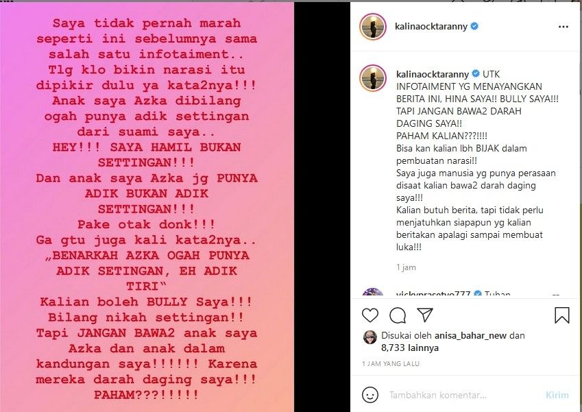 Kalina Oktarani ngamuk janinnya disebut setingan. [Instagram]