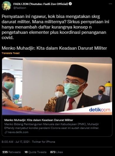 Fadli Zon Sindir Pernyataan Menko Muhadjir Soal RI Darurat Militer. (Twitter/@fadlizon)