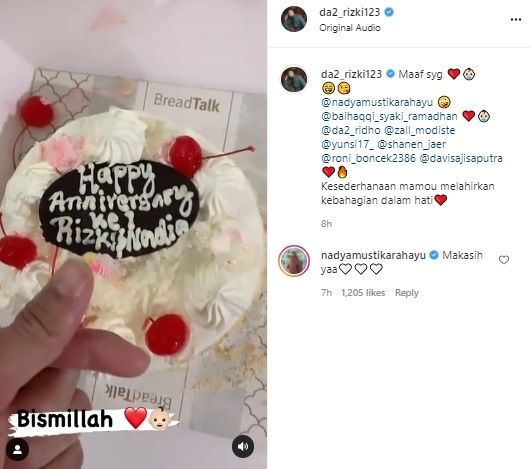 Anniversary pernikahan Rizki DA dan Nadya Mustika. (Instagram)