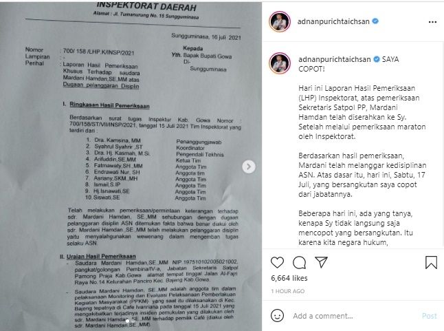 Bupati Gowa Resmi Pecat Oknum Satpol PP Yang Pukul Wanita Pemilik Warkop. (Instagram/@adnanpurichtaichsan)