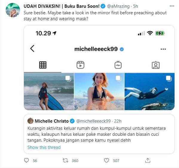 Mantan personel JKT48, Michelle Christo mendapatkan banyak kritik soal imbauan prokes. (Twitter/michelleeeck99)