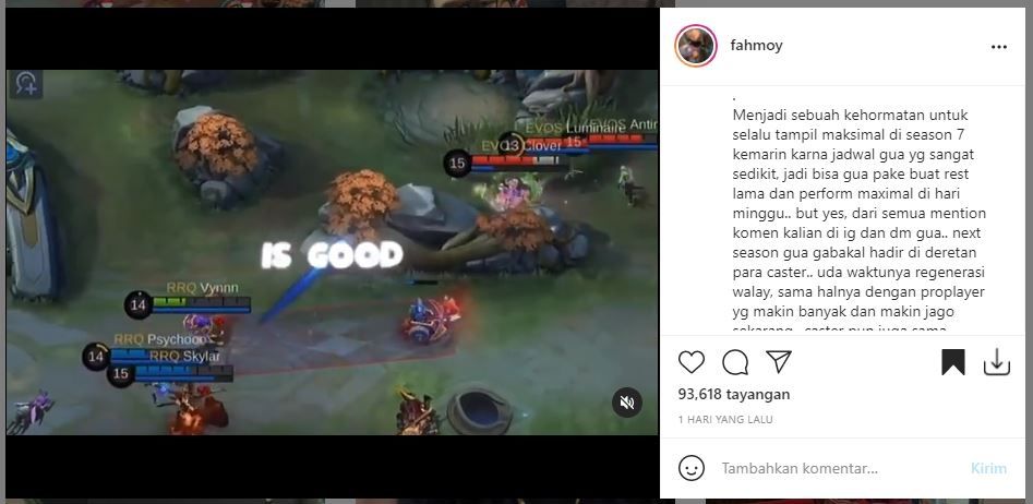 Kornet mengaku absen menjadi caster di MPL Season 8. (Instagram/ fahmoy)