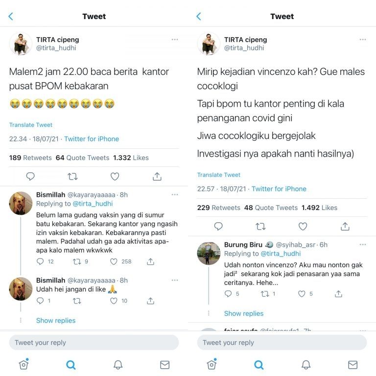 Cuitan dr Tirta soal kebakaran Gedung BPOM. [Sumber: Twitter]