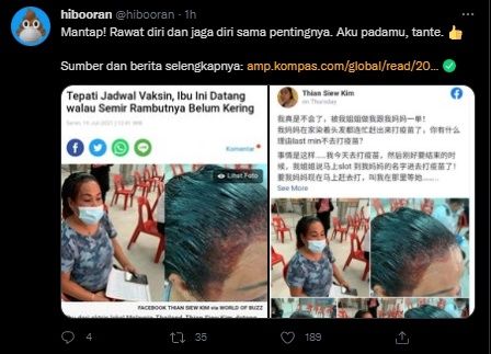 Viral Ibu Ini Tetap Antre Giliran Vaksin Covid-19 Dengan Semir Rambut Yang Belum Kering. (Twitter/@hibooran)