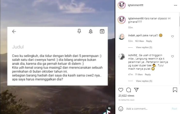 Cewek Galau Calon Suami Selingkuh Dengan Banyak Wanita. (Instagram/@igtainmenttt)