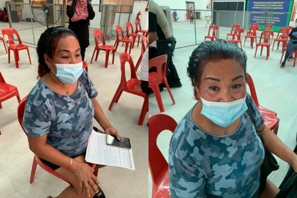 Viral Ibu Ini Tetap Antre Giliran Vaksin Covid-19 Dengan Semir Rambut Yang Belum Kering. (Facebook/Thian Siew Kim)