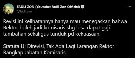 Cuitan Fadli Zon soal Statuta UI direvisi. (Twitter/FadliZon)